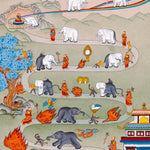 Way To Heaven thangka painting showing monks guiding elephants along a winding Buddhist path with flames, sacred symbols, mountains, rainbow details