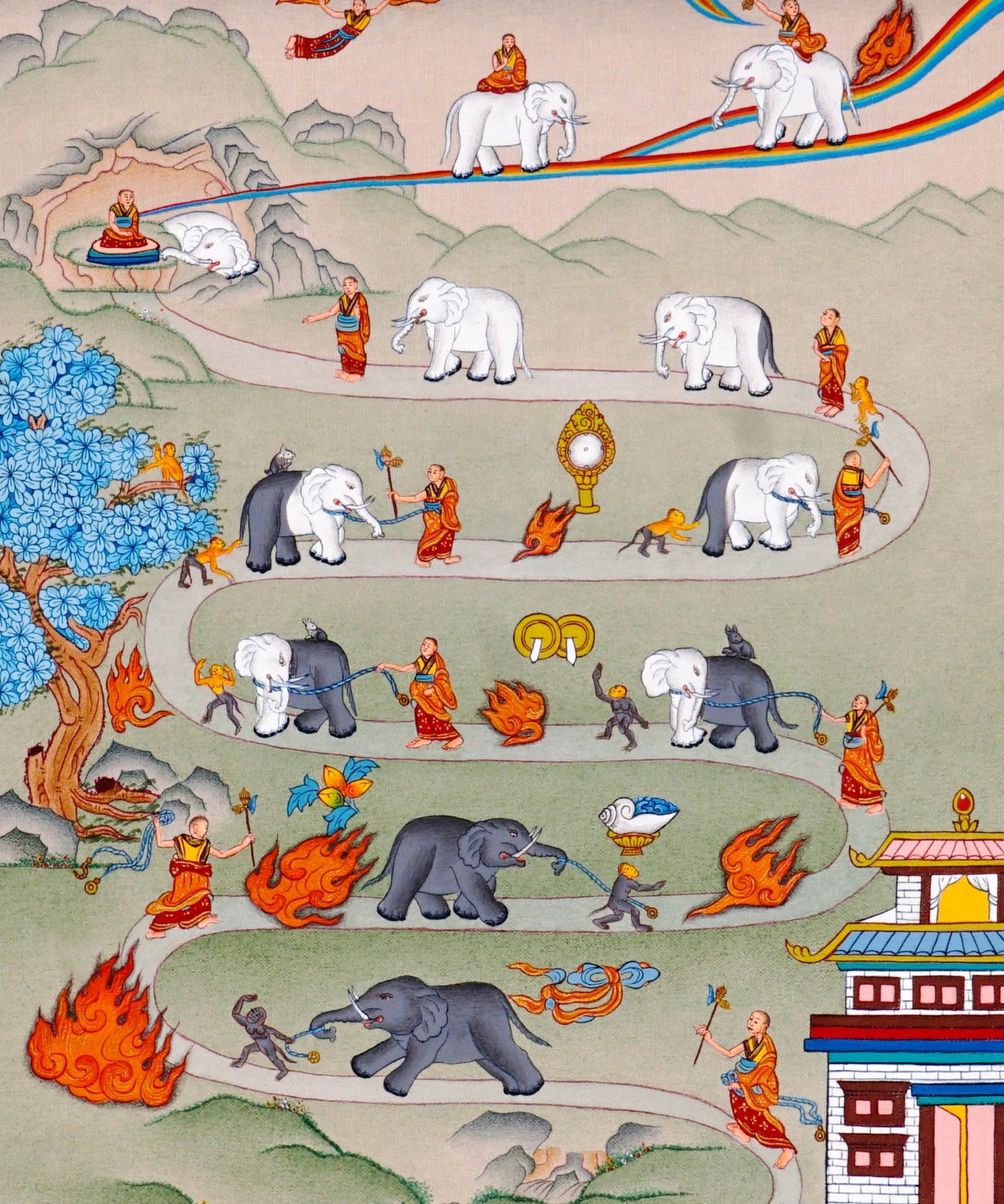 Way To Heaven thangka painting showing monks guiding elephants along a winding Buddhist path with flames, sacred symbols, mountains, rainbow details