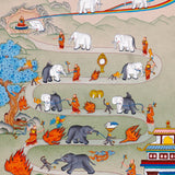 Way To Heaven thangka painting showing monks guiding elephants along a winding Buddhist path with flames, sacred symbols, mountains, rainbow details