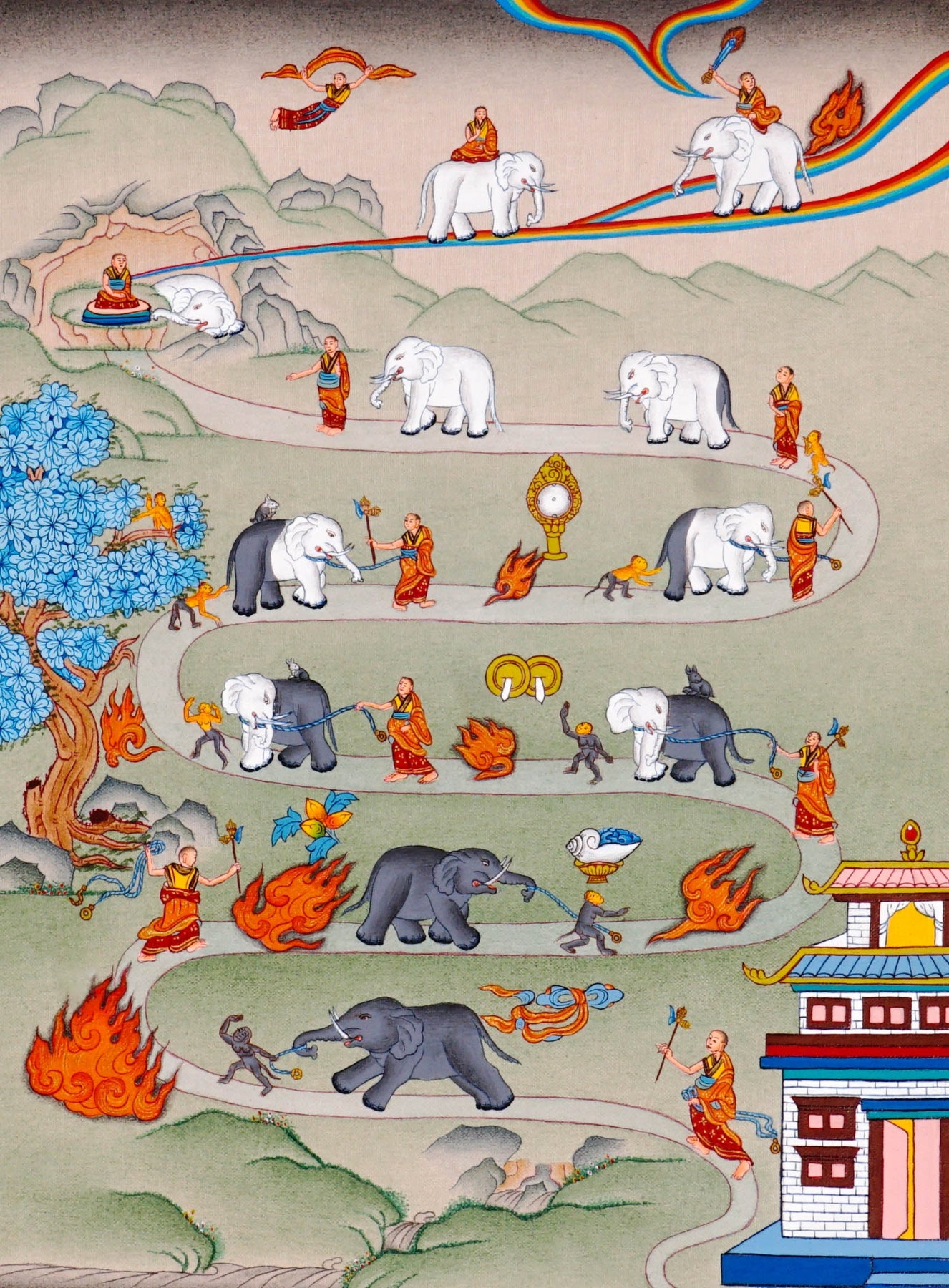 Way To Heaven thangka painting showing monks guiding elephants along a winding Buddhist path with flames, sacred symbols, mountains, rainbow details