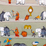 Way To Heaven thangka painting showing monks guiding elephants along a winding Buddhist path with flames, sacred symbols, mountains, rainbow details