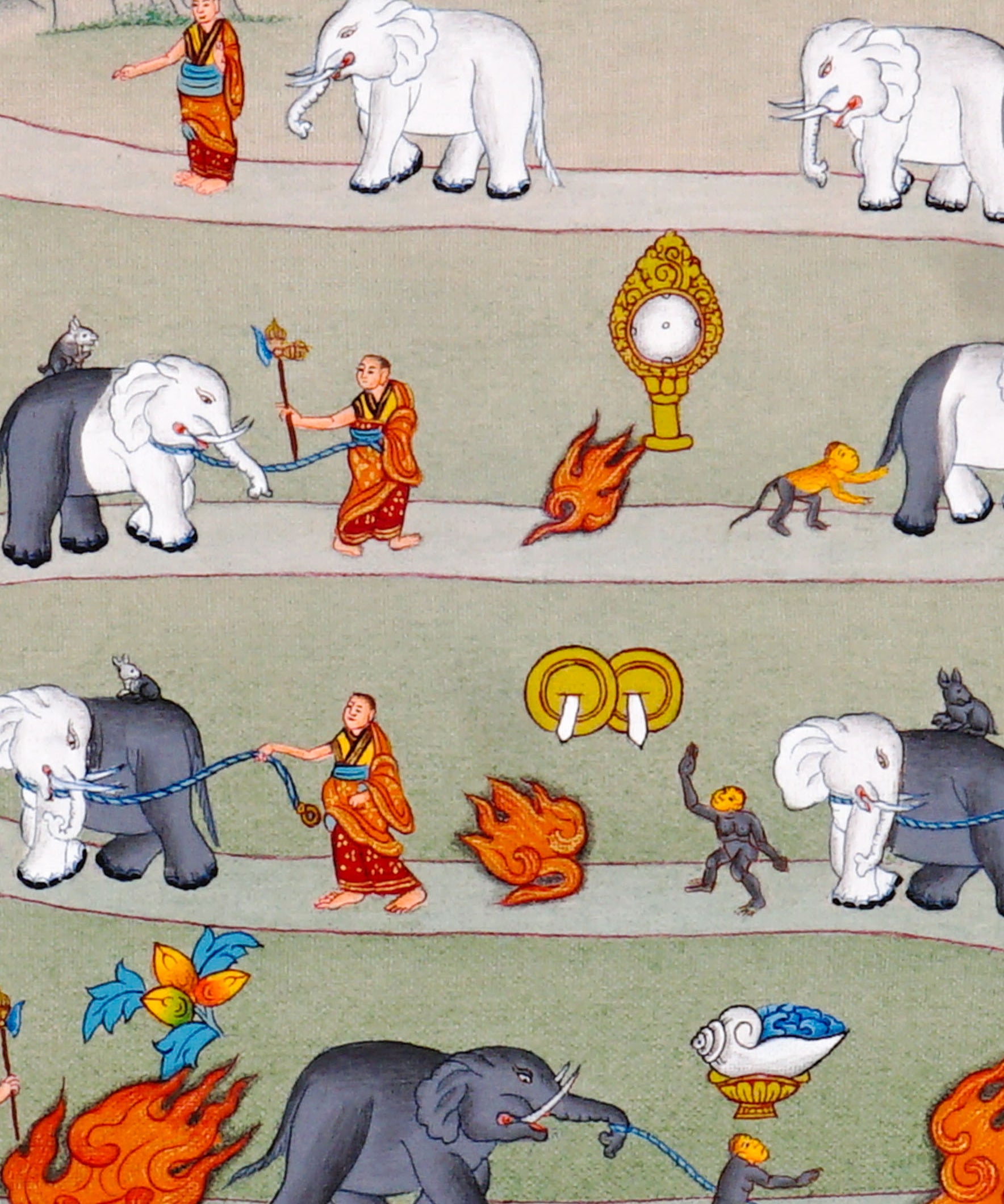 Way To Heaven thangka painting showing monks guiding elephants along a winding Buddhist path with flames, sacred symbols, mountains, rainbow details