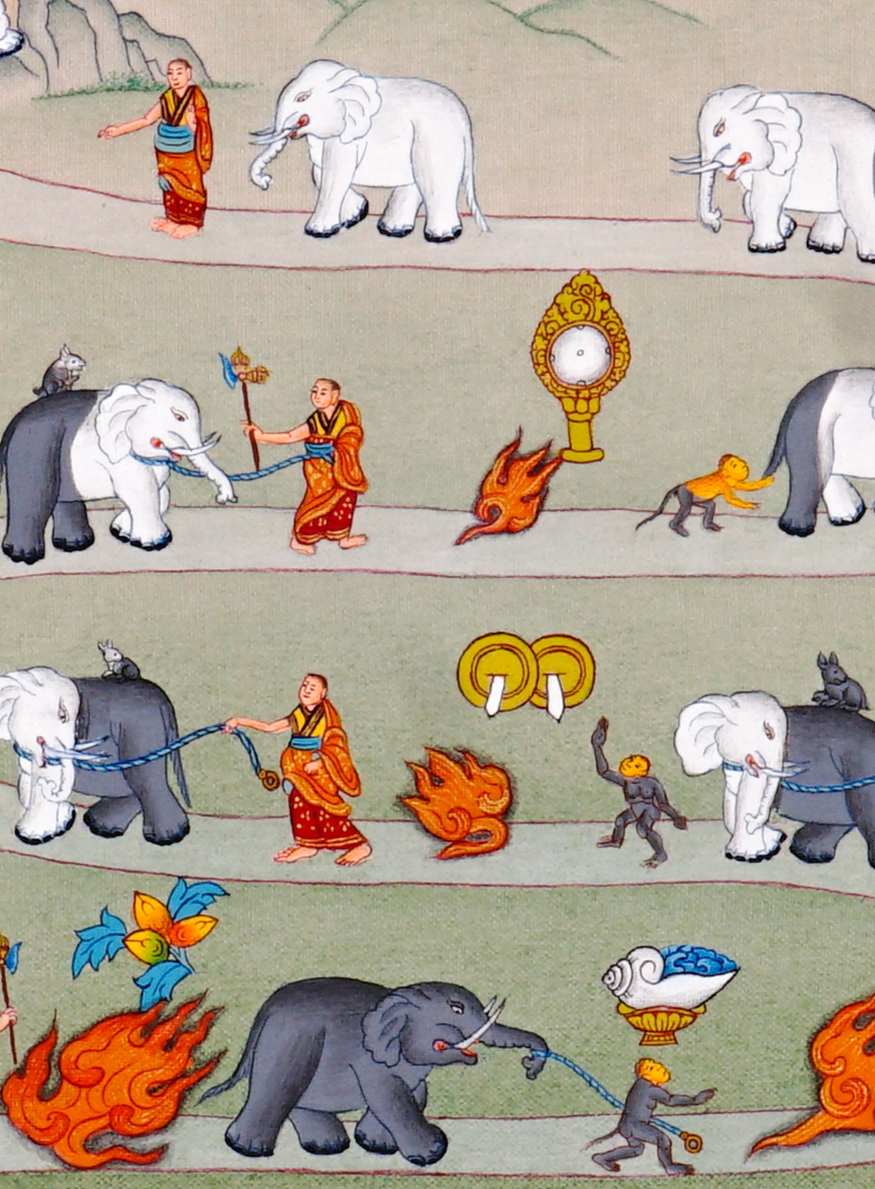 Way To Heaven thangka painting showing monks guiding elephants along a winding Buddhist path with flames, sacred symbols, mountains, rainbow details