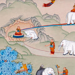 Way To Heaven thangka painting showing monks guiding elephants along a winding Buddhist path with flames, sacred symbols, mountains, rainbow details
