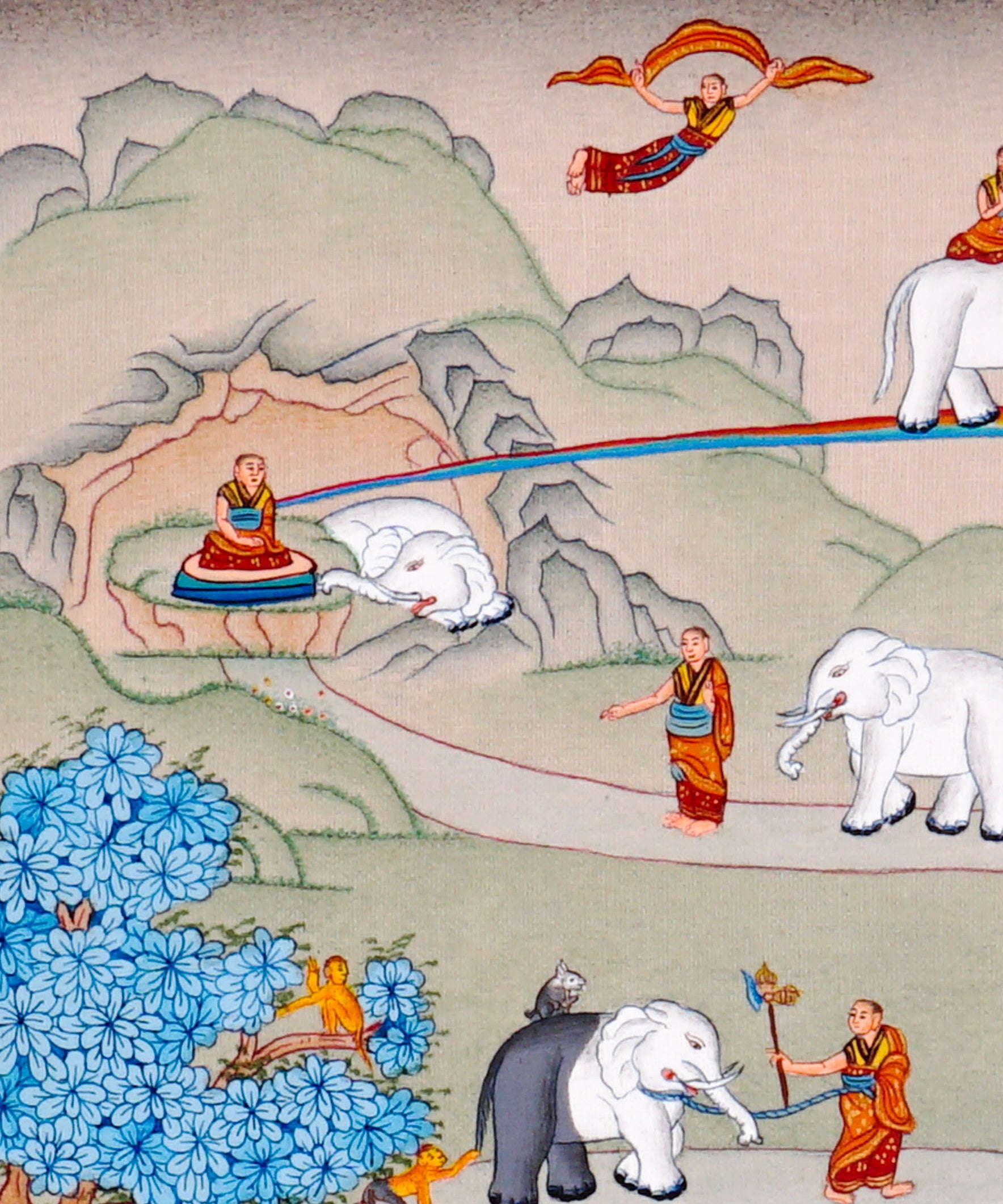 Way To Heaven thangka painting showing monks guiding elephants along a winding Buddhist path with flames, sacred symbols, mountains, rainbow details