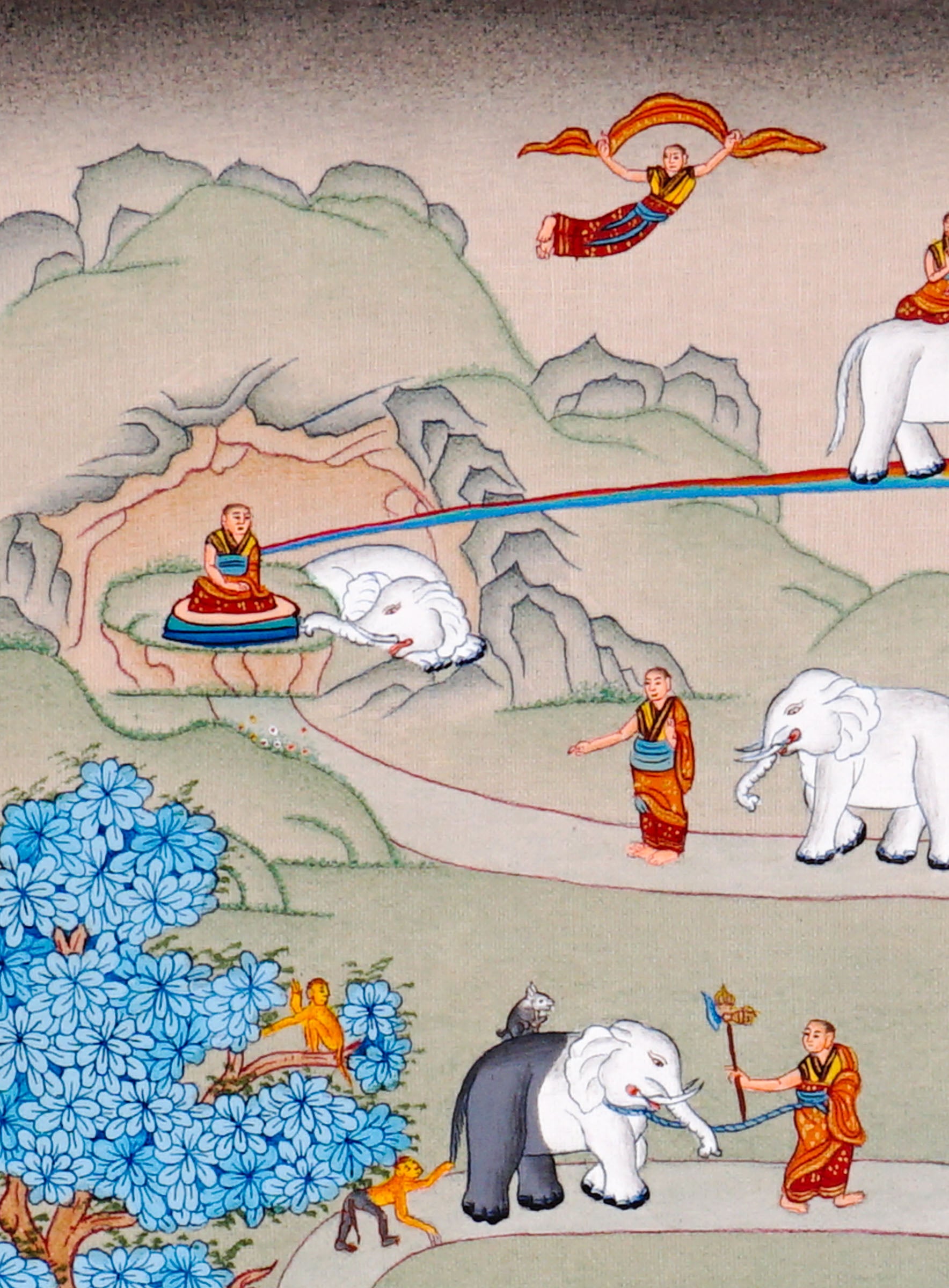 Way To Heaven thangka painting showing monks guiding elephants along a winding Buddhist path with flames, sacred symbols, mountains, rainbow details