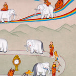 Way To Heaven thangka painting showing monks guiding elephants along a winding Buddhist path with flames, sacred symbols, mountains, rainbow details