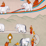 Way To Heaven thangka painting showing monks guiding elephants along a winding Buddhist path with flames, sacred symbols, mountains, rainbow details
