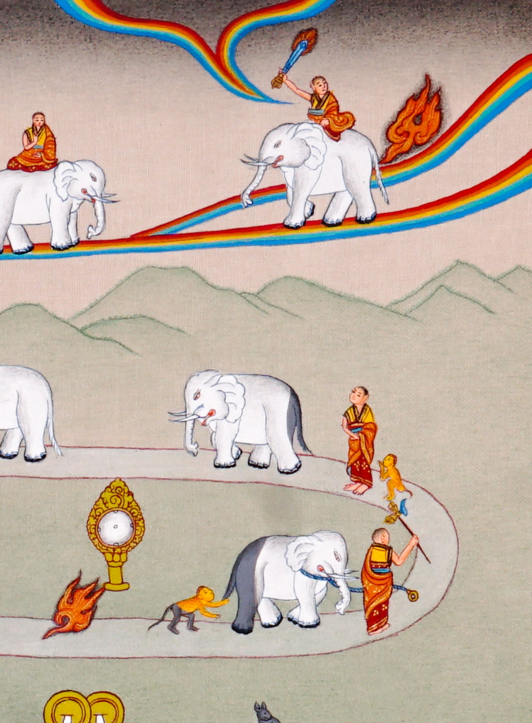 Way To Heaven thangka painting showing monks guiding elephants along a winding Buddhist path with flames, sacred symbols, mountains, rainbow details