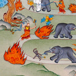 Way To Heaven thangka painting showing monks guiding elephants along a winding Buddhist path with flames, sacred symbols, mountains, rainbow details
