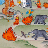 Way To Heaven thangka painting showing monks guiding elephants along a winding Buddhist path with flames, sacred symbols, mountains, rainbow details