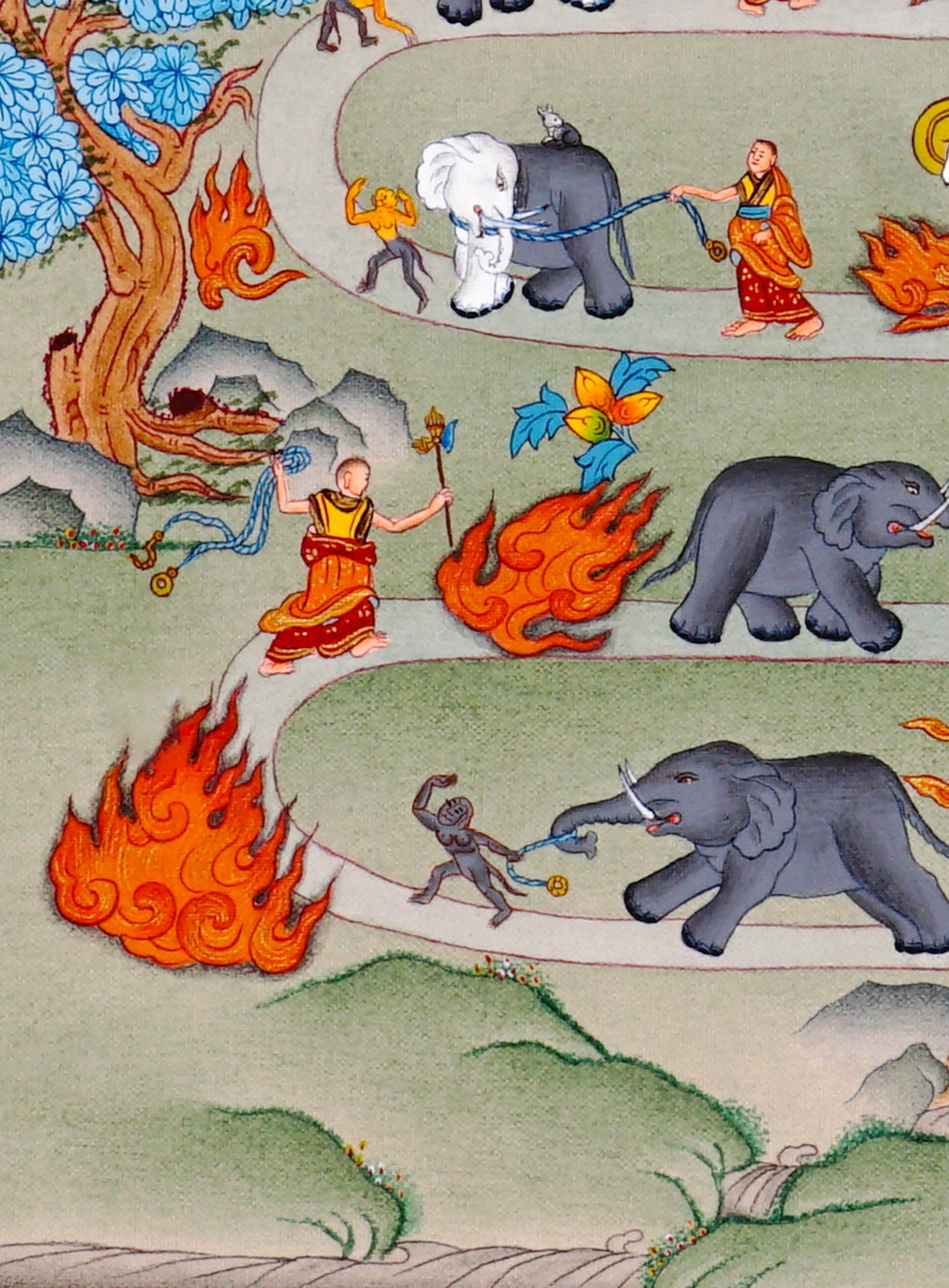 Way To Heaven thangka painting showing monks guiding elephants along a winding Buddhist path with flames, sacred symbols, mountains, rainbow details