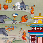 Way To Heaven thangka painting showing monks guiding elephants along a winding Buddhist path with flames, sacred symbols, mountains, rainbow details