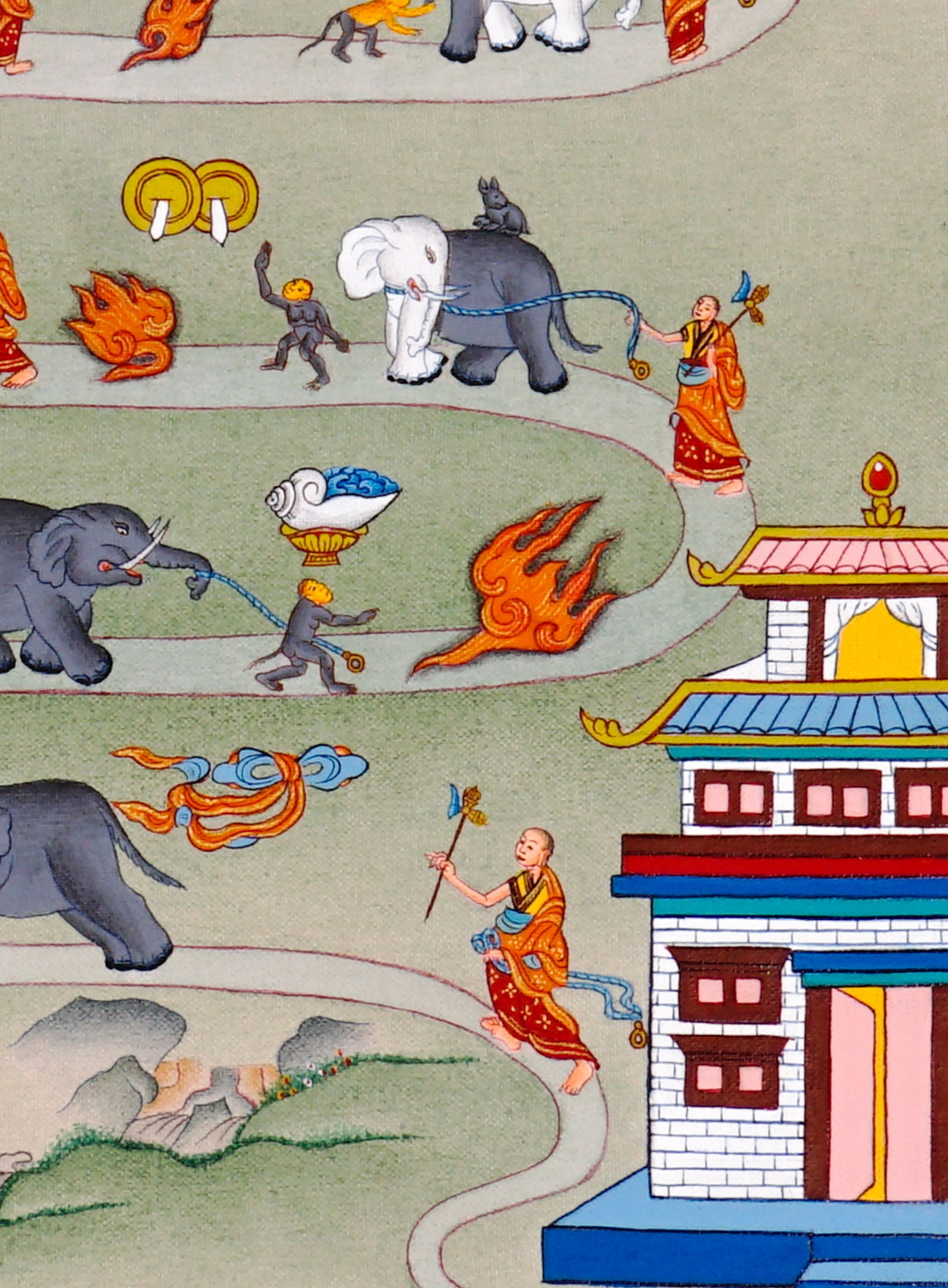 Way To Heaven thangka painting showing monks guiding elephants along a winding Buddhist path with flames, sacred symbols, mountains, rainbow details