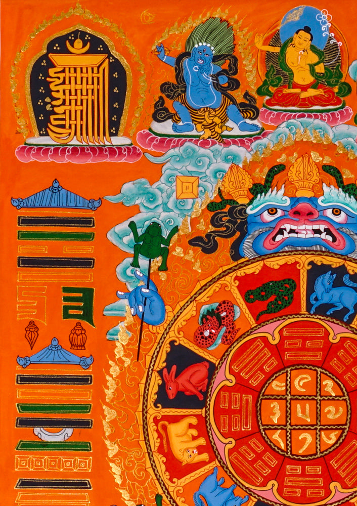 Himalayan astrological thangka painting showing cosmic calendar wheel and zodiac symbols