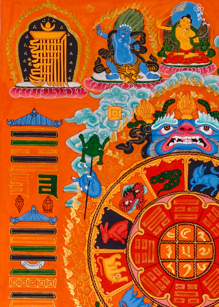 Himalayan astrological thangka painting showing cosmic calendar wheel and zodiac symbols