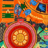 Himalayan astrological thangka painting showing cosmic calendar wheel and zodiac symbols