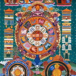 Tibetan astrology thangka artwork with cosmic wheel and protective guardian figure