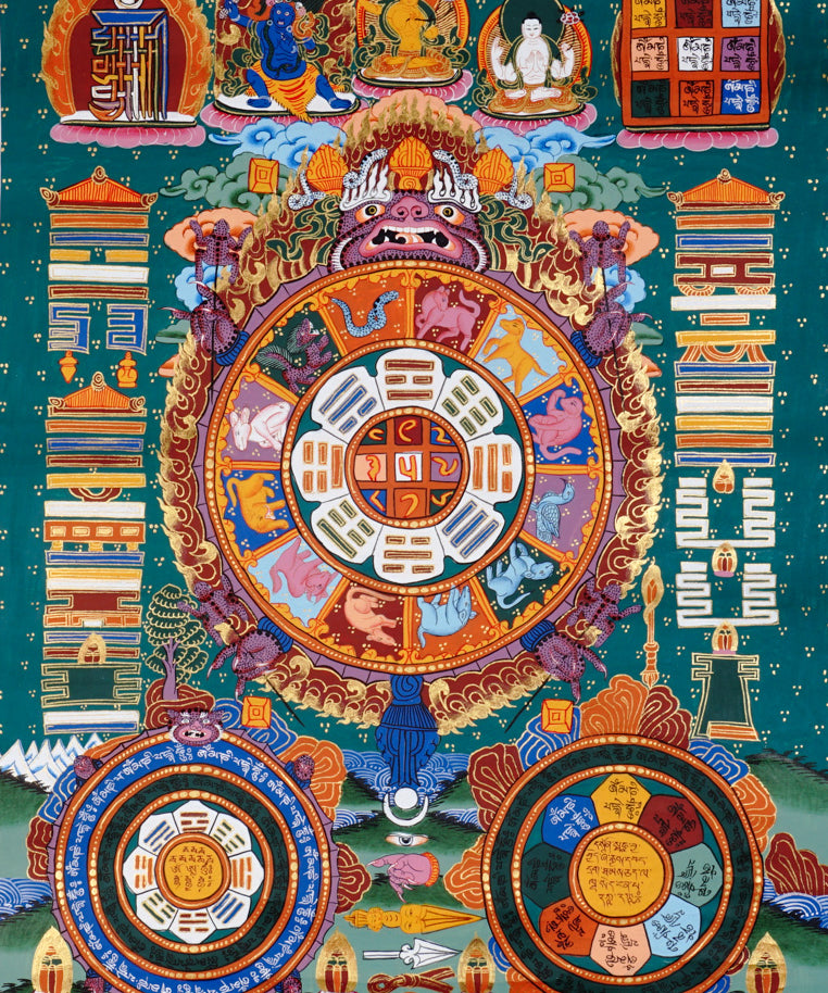 Tibetan astrology thangka artwork with cosmic wheel and protective guardian figure