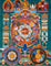 Tibetan astrology thangka artwork with cosmic wheel and protective guardian figure