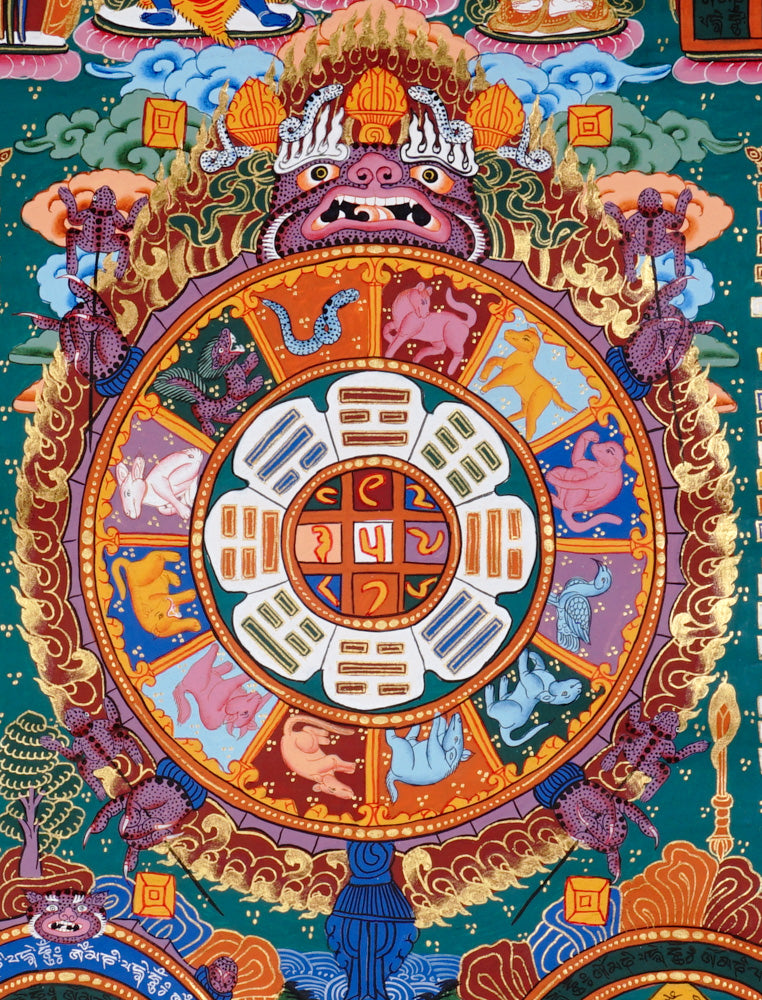 Tibetan astrology thangka artwork with cosmic wheel and protective guardian figure