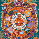 Tibetan astrology thangka artwork with cosmic wheel and protective guardian figure