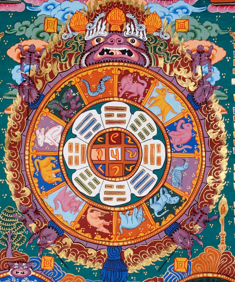 Tibetan astrology thangka artwork with cosmic wheel and protective guardian figure