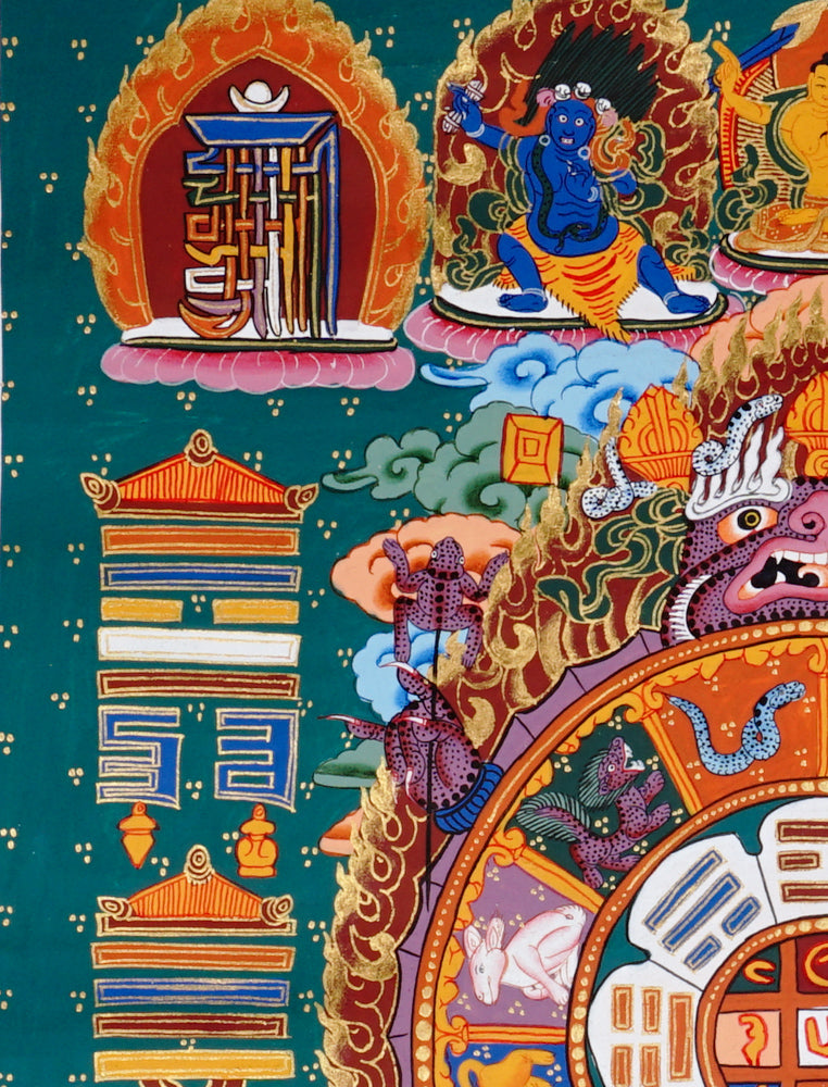 Tibetan astrology thangka artwork with cosmic wheel and protective guardian figure