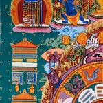 Tibetan astrology thangka artwork with cosmic wheel and protective guardian figure