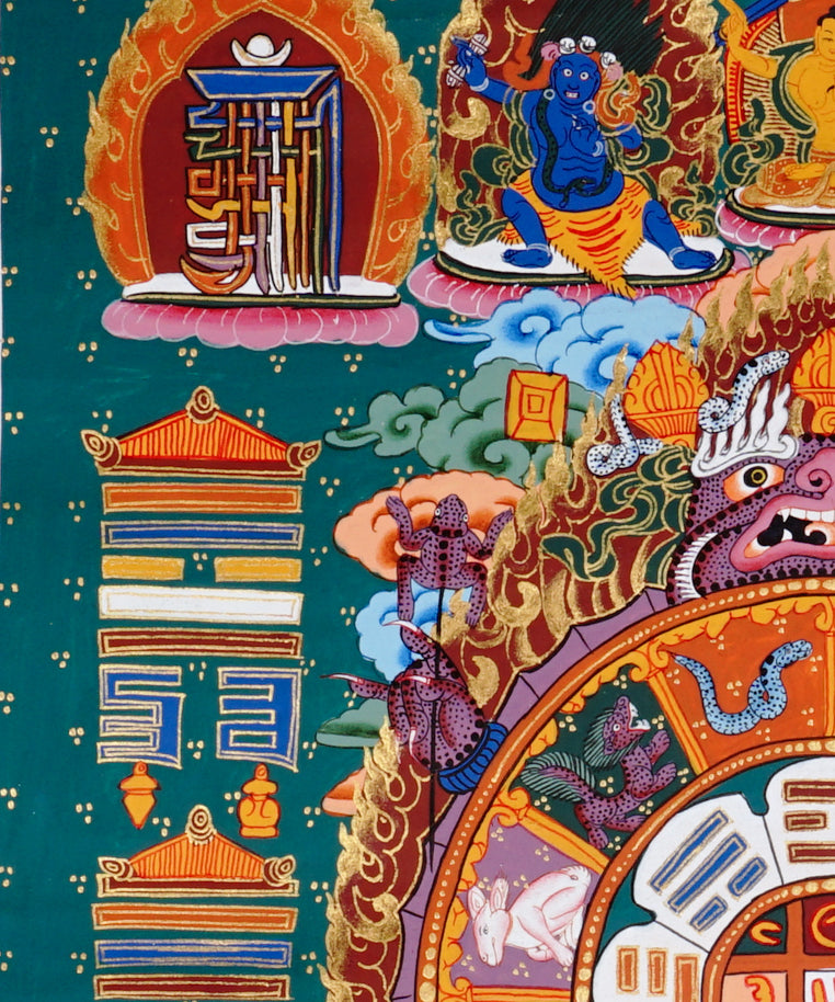Tibetan astrology thangka artwork with cosmic wheel and protective guardian figure