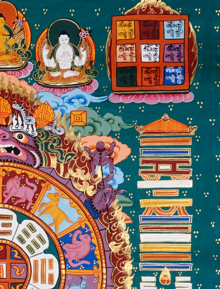 Tibetan astrology thangka artwork with cosmic wheel and protective guardian figure