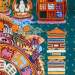 Tibetan astrology thangka artwork with cosmic wheel and protective guardian figure