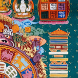Tibetan astrology thangka artwork with cosmic wheel and protective guardian figure