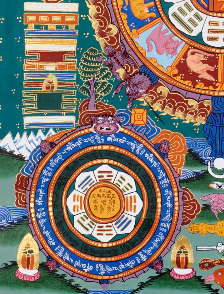 Tibetan astrology thangka artwork with cosmic wheel and protective guardian figure