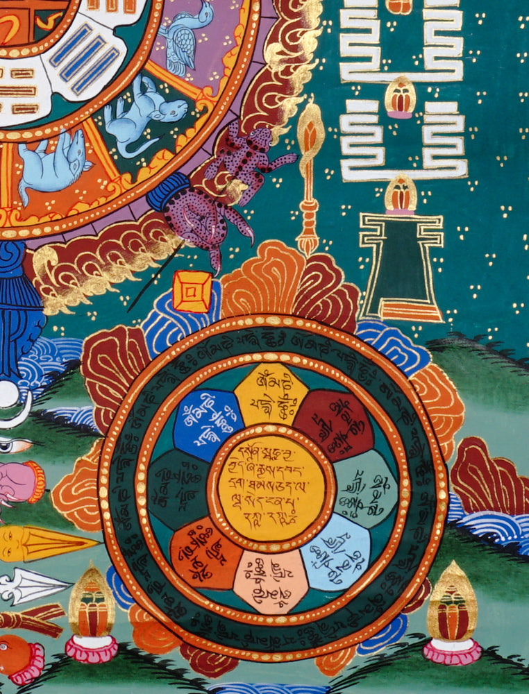 Tibetan astrology thangka artwork with cosmic wheel and protective guardian figure