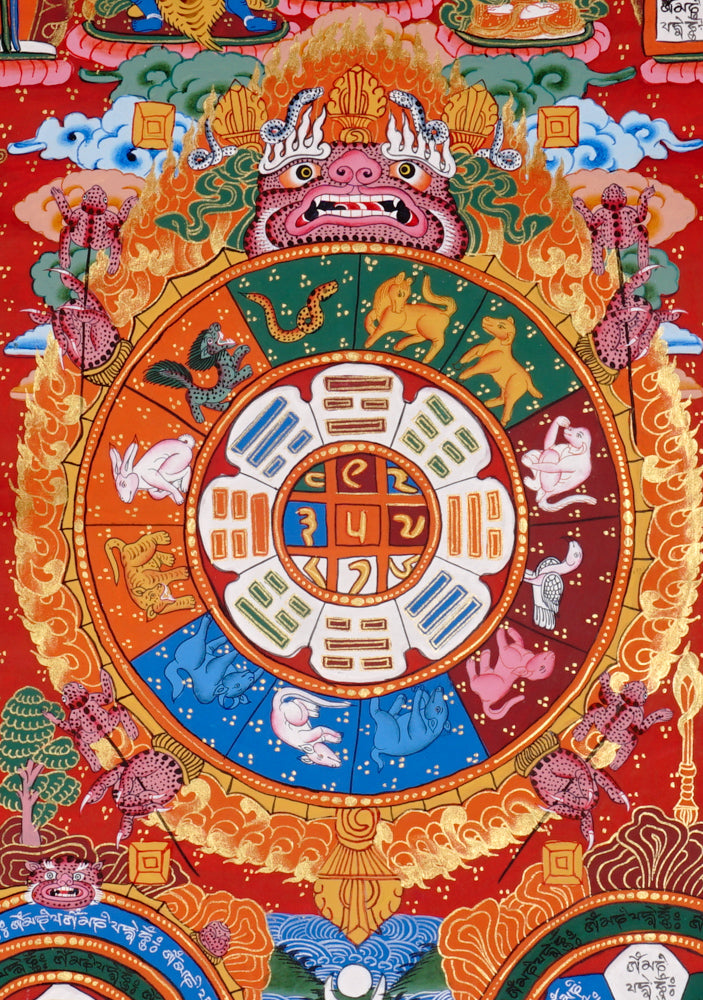 Traditional Himalayan astrology thangka with zodiac animals and sacred diagrams