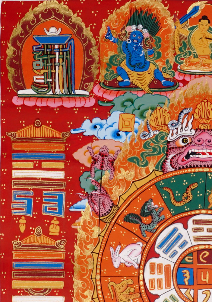 Traditional Himalayan astrology thangka with zodiac animals and sacred diagrams