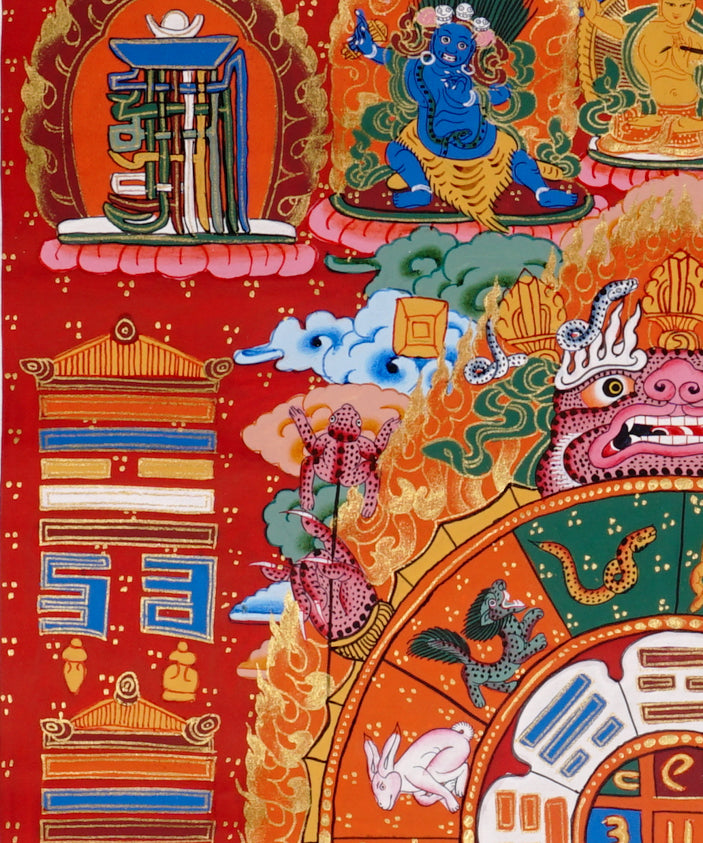 Traditional Himalayan astrology thangka with zodiac animals and sacred diagrams