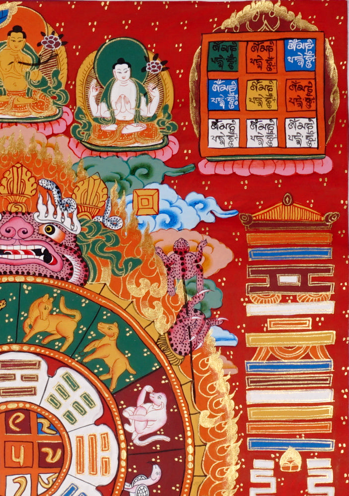 Traditional Himalayan astrology thangka with zodiac animals and sacred diagrams