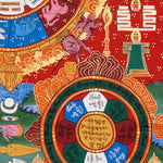 Traditional Himalayan astrology thangka with zodiac animals and sacred diagrams