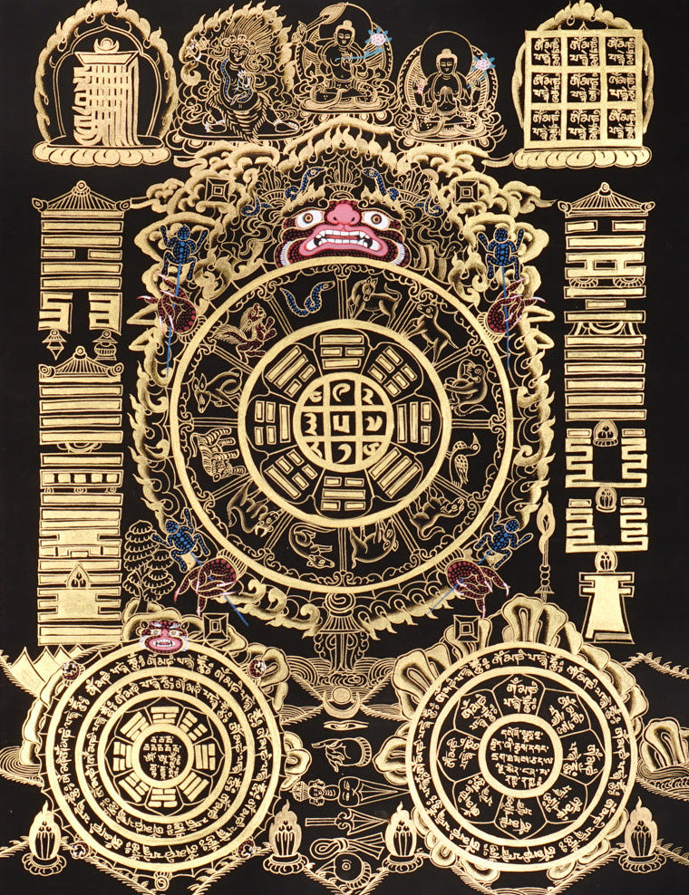 Tibetan astrological calendar thangka black gold painting with zodiac animals and cosmic wheel