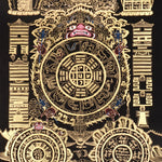Tibetan astrological calendar thangka black gold painting with zodiac animals and cosmic wheel