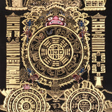 Tibetan astrological calendar thangka black gold painting with zodiac animals and cosmic wheel