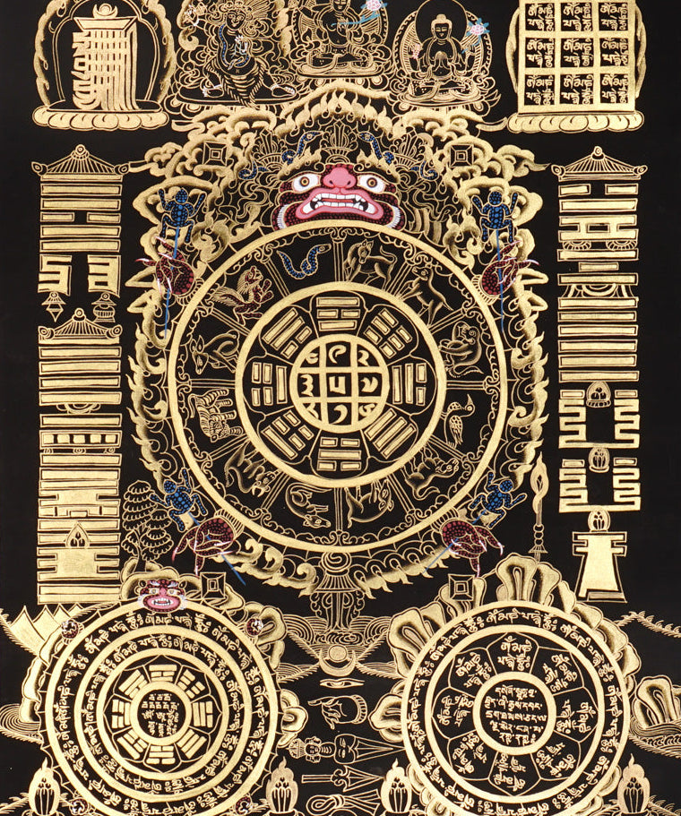 Tibetan astrological calendar thangka black gold painting with zodiac animals and cosmic wheel