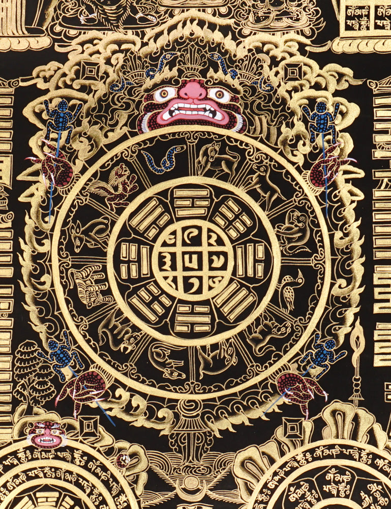 Tibetan astrological calendar thangka black gold painting with zodiac animals and cosmic wheel