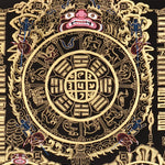 Tibetan astrological calendar thangka black gold painting with zodiac animals and cosmic wheel