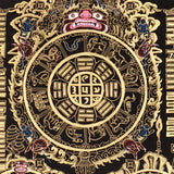 Tibetan astrological calendar thangka black gold painting with zodiac animals and cosmic wheel