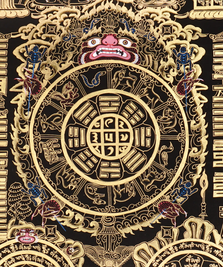 Tibetan astrological calendar thangka black gold painting with zodiac animals and cosmic wheel