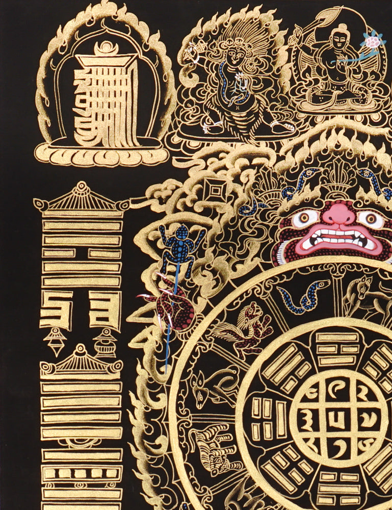 Tibetan astrological calendar thangka black gold painting with zodiac animals and cosmic wheel