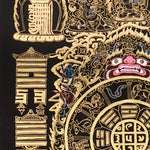 Tibetan astrological calendar thangka black gold painting with zodiac animals and cosmic wheel